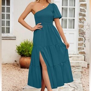 One-Shoulder, Slit, and Pockets Teal Dress